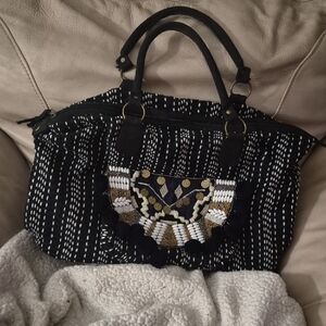 Boho Black Beaded Tote Bag with Embellished Front
